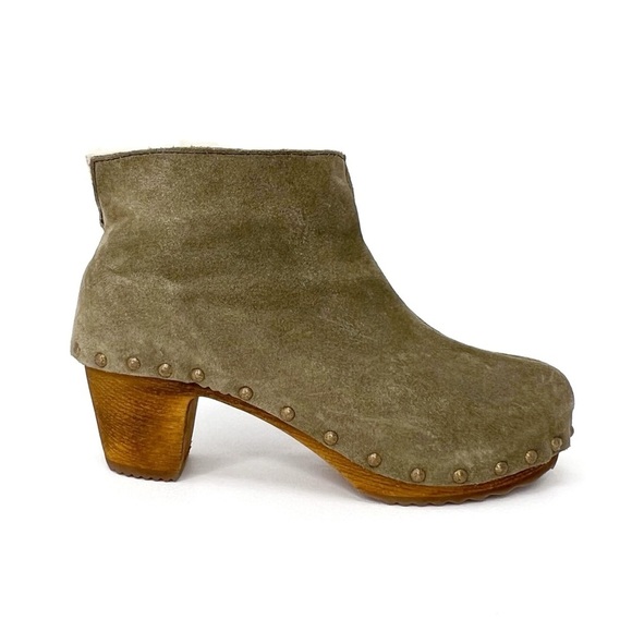 Bosabo Ankle Boots Sage Green Suede Upper Wooden Sole Size 8 Shearling lined EUC - Picture 3 of 14